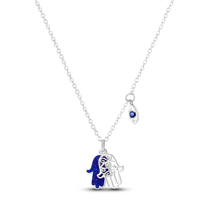 Protective Hamsa Hand Sterling Silver Necklace With Evil Eye - Pendant Necklaces