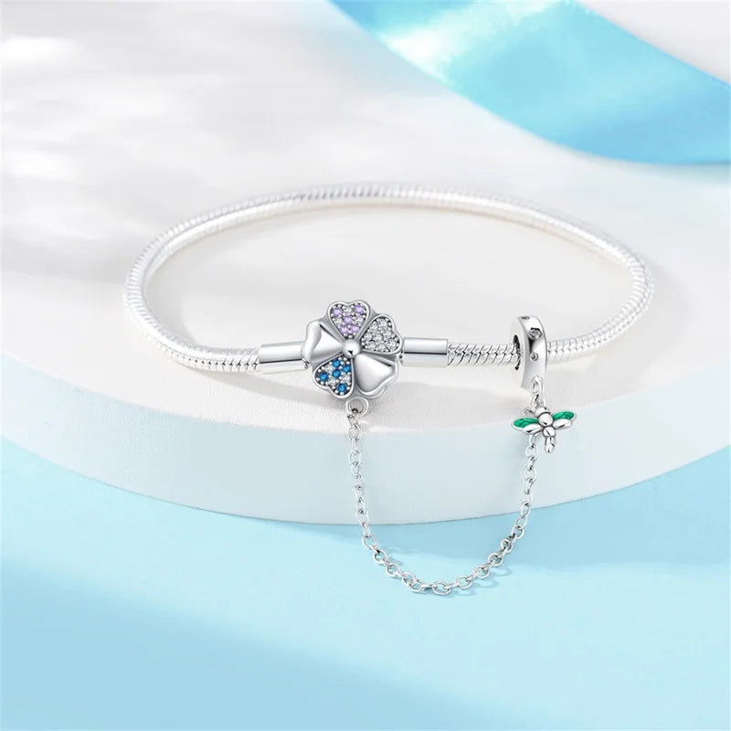 Delicate Sterling Silver Bracelet with Clover and Dragonfly Charms - Charm Bracelets