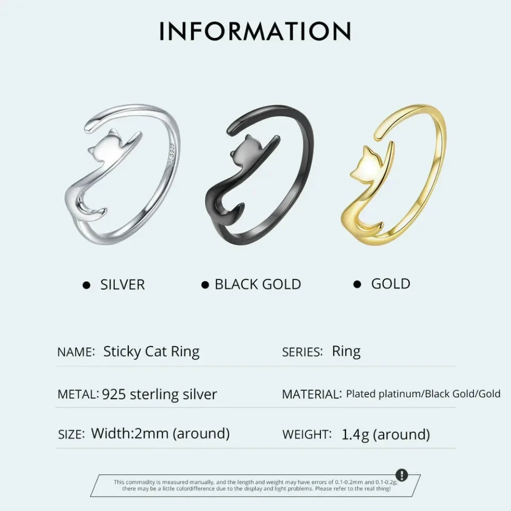 Playful Feline: Adjustable Sterling Silver Cat Ring with Long Tail - Rings