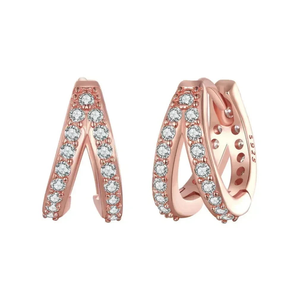 925 Sterling Silver Elegant Geometry Zircon Crystal Double Rings Ear Hoop Earrings - Rose Gold