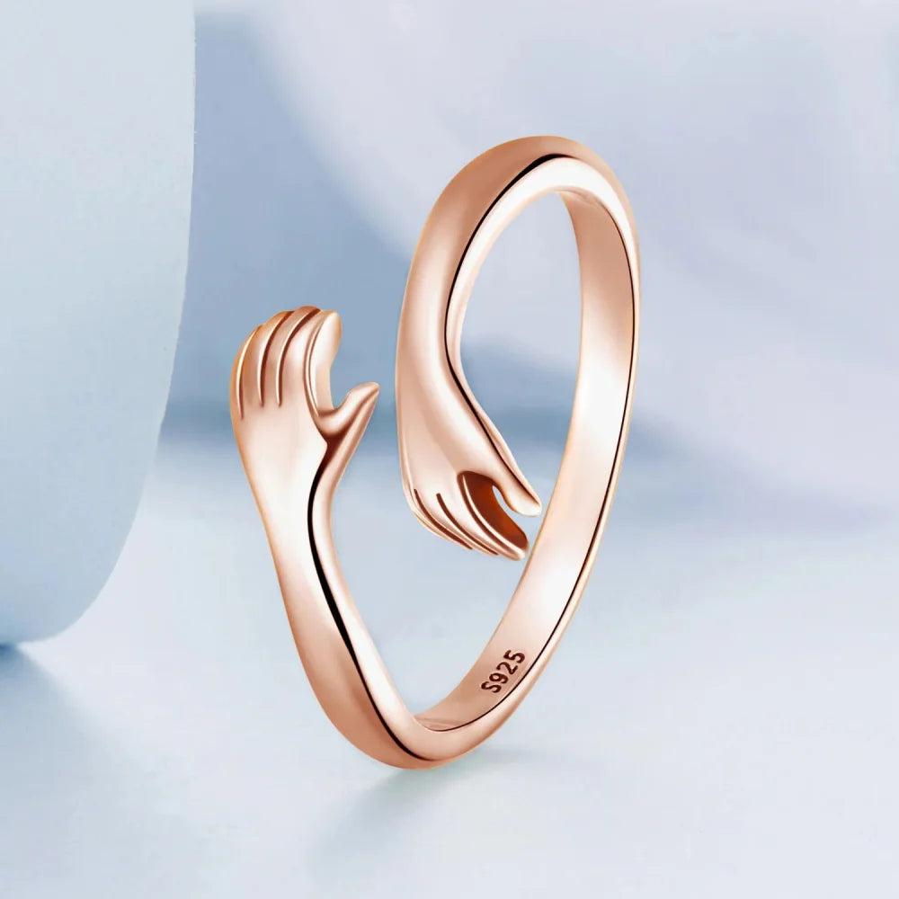 925 Sterling Silver Hug Warmth and Love Hand Adjustable Ring for Women - His Big Loving Hugs in 3 Colors - Rings