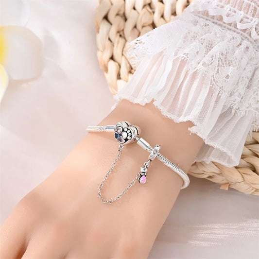 Heartfelt Paw Print Sterling Silver Charm Bracelet With Safety Chain - Bracelets