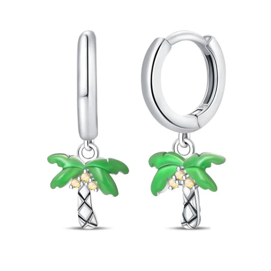 Tropical Paradise Palm Tree Sterling Silver Hoop Earrings - Drop