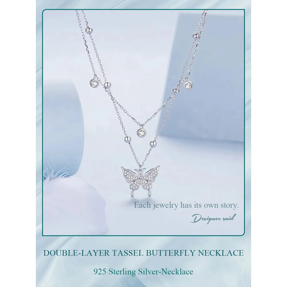 925 Sterling Silver Double-layer Tassel Butterfly Pendant Necklace for Women - Elegant Fine jewellery - Necklaces