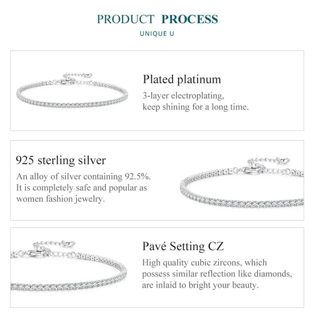 Exquisite 925 Sterling Silver Adjustable Tennis Bracelet - Platinum Plated with Clear 3mm Cubic Zirconia - Bracelets