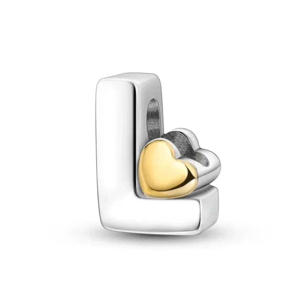 Personalize Your Bracelet: 925 Silver Alphabet Bead with Gold Heart - L - Charms