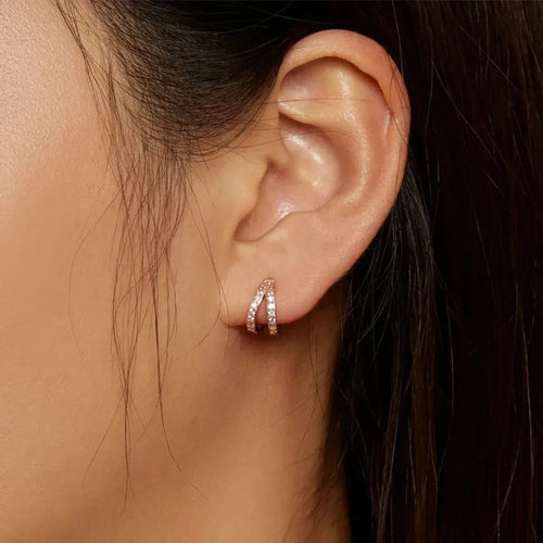 925 Sterling Silver Elegant Geometry Zircon Crystal Double Rings Ear Hoop Earrings