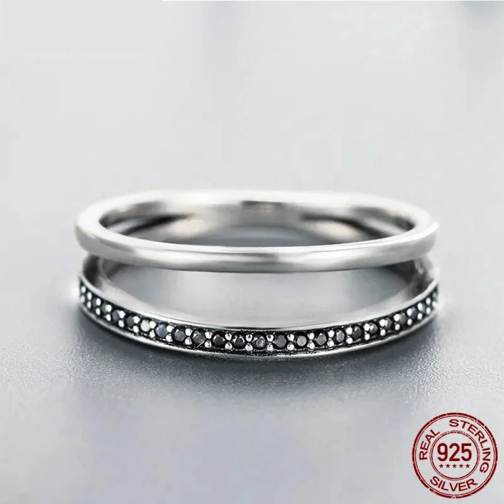 Breathtaking 925 Sterling Silver Double Circle Black Clear CZ Stackable Ring - Rings