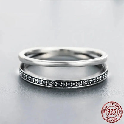 Breathtaking 925 Sterling Silver Double Circle Black Clear CZ Stackable Ring - Rings