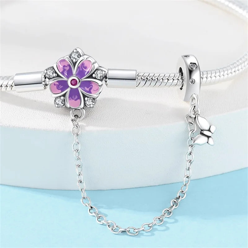 Enchanting Floral Sterling Silver Charm Bracelet With Safety Chain - Bracelets