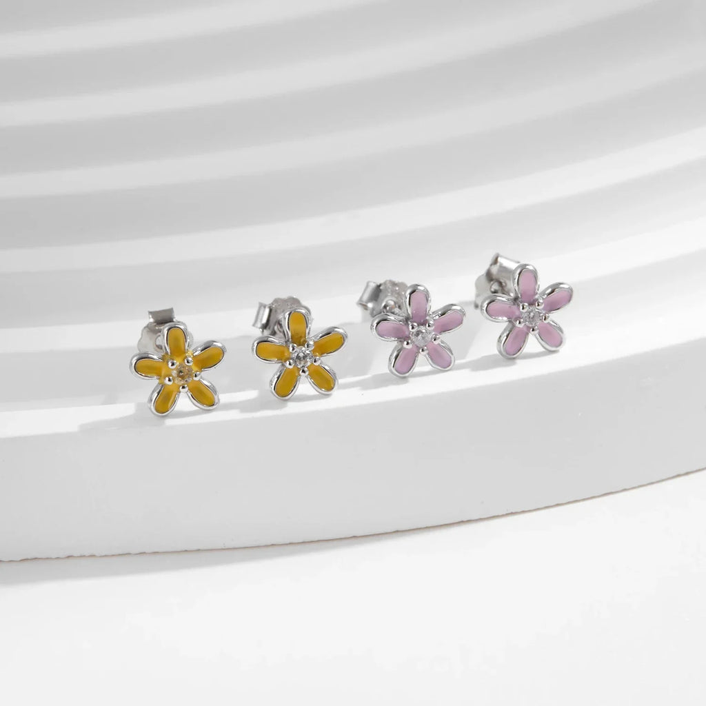 925 Sterling Silver Colorful Enamel Flower Stud Earrings Minimalist & Cute