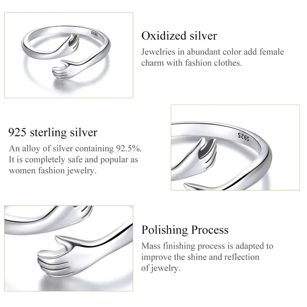 925 Sterling Silver Hug Warmth and Love Hand Adjustable Ring for Women - His Big Loving Hugs in 3 Colors - Rings