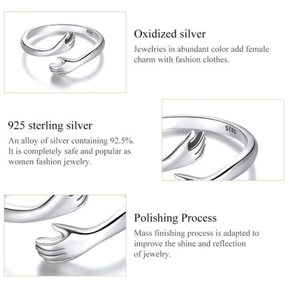925 Sterling Silver Hug Warmth and Love Hand Adjustable Ring for Women - His Big Loving Hugs in 3 Colors - Rings