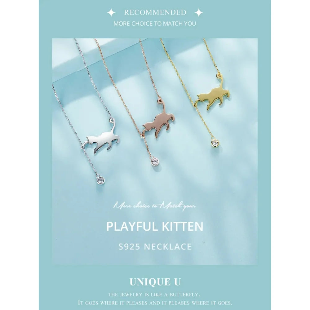 Breathtaking 925 Sterling Silver Cat Necklace | Elegant Pendant Collarbone jewellery SCN232 in 3 Colors - Necklaces