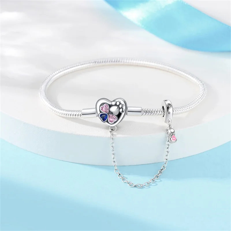 Heartfelt Paw Print Sterling Silver Charm Bracelet With Safety Chain - Bracelets