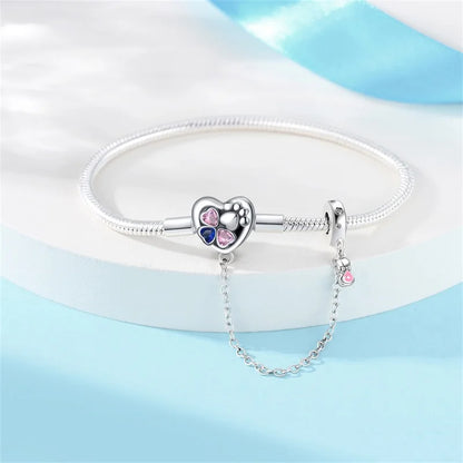 Heartfelt Paw Print Sterling Silver Charm Bracelet With Safety Chain - Bracelets