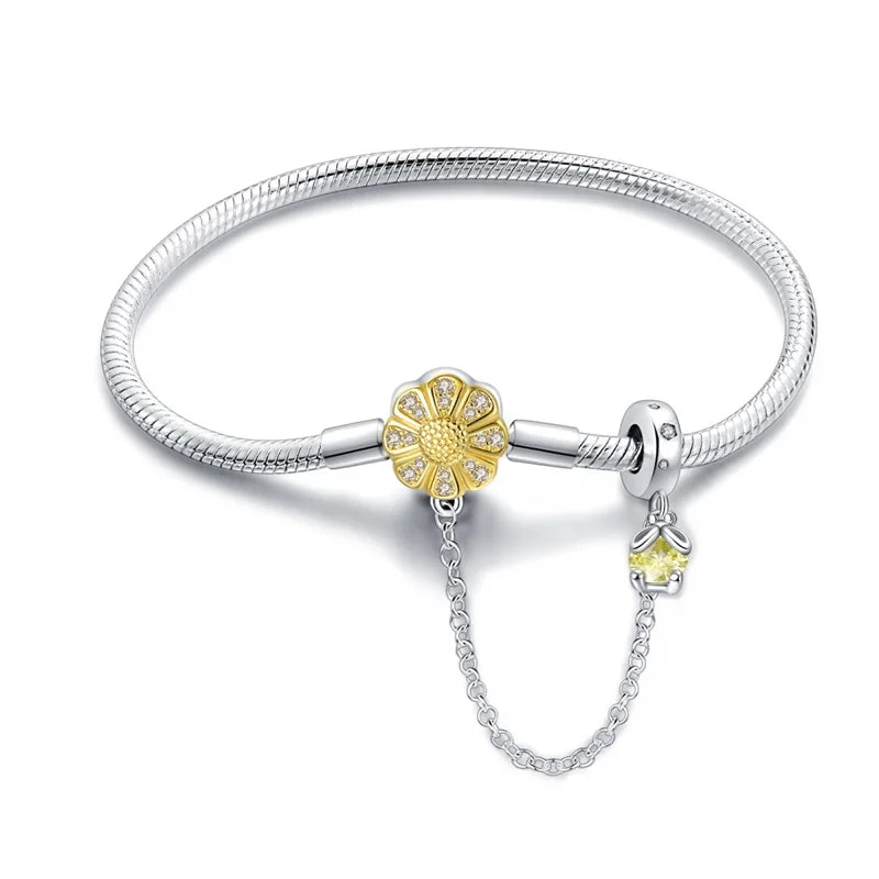 Radiant Daisy Sterling Silver Charm Bracelet With Dangling Chain - Bracelets