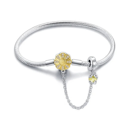Radiant Daisy Sterling Silver Charm Bracelet With Dangling Chain - Bracelets