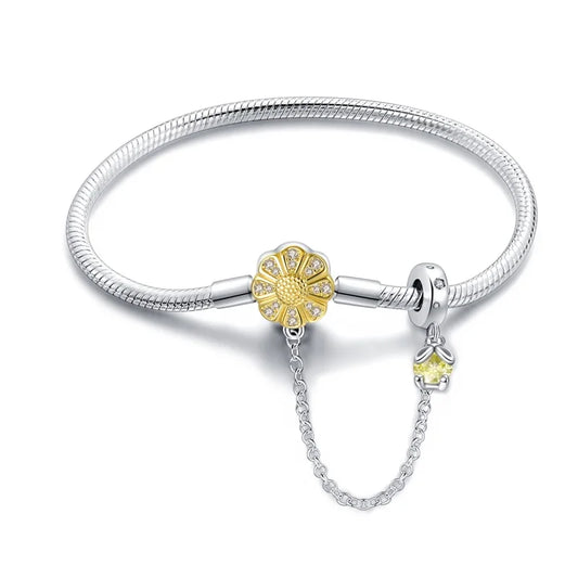 Radiant Daisy Sterling Silver Charm Bracelet With Dangling Chain - Bracelets