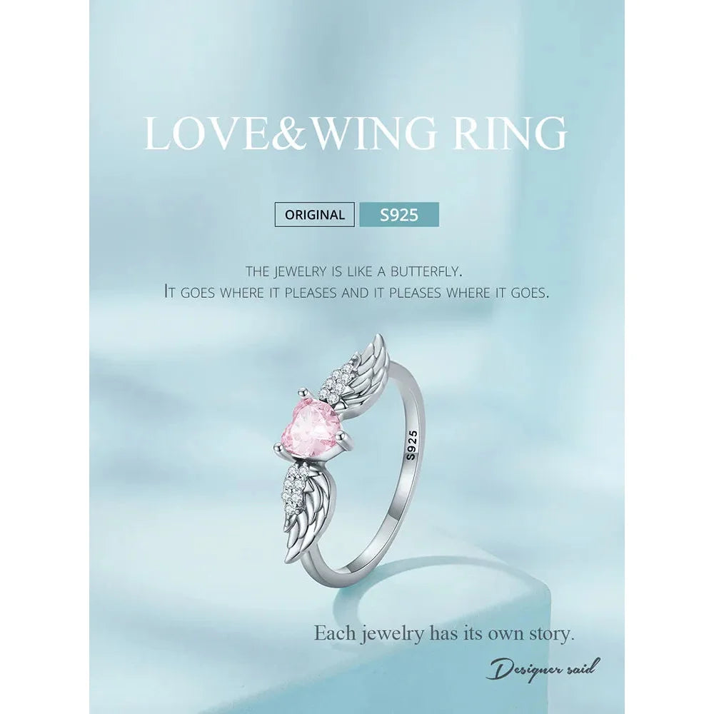 925 Sterling Silver Pink Heart Zircon Ring for Women - Love & Wing - Rings