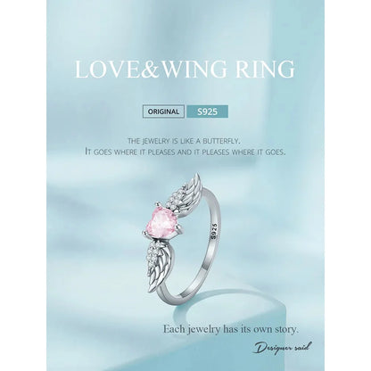 925 Sterling Silver Pink Heart Zircon Ring for Women - Love & Wing - Rings