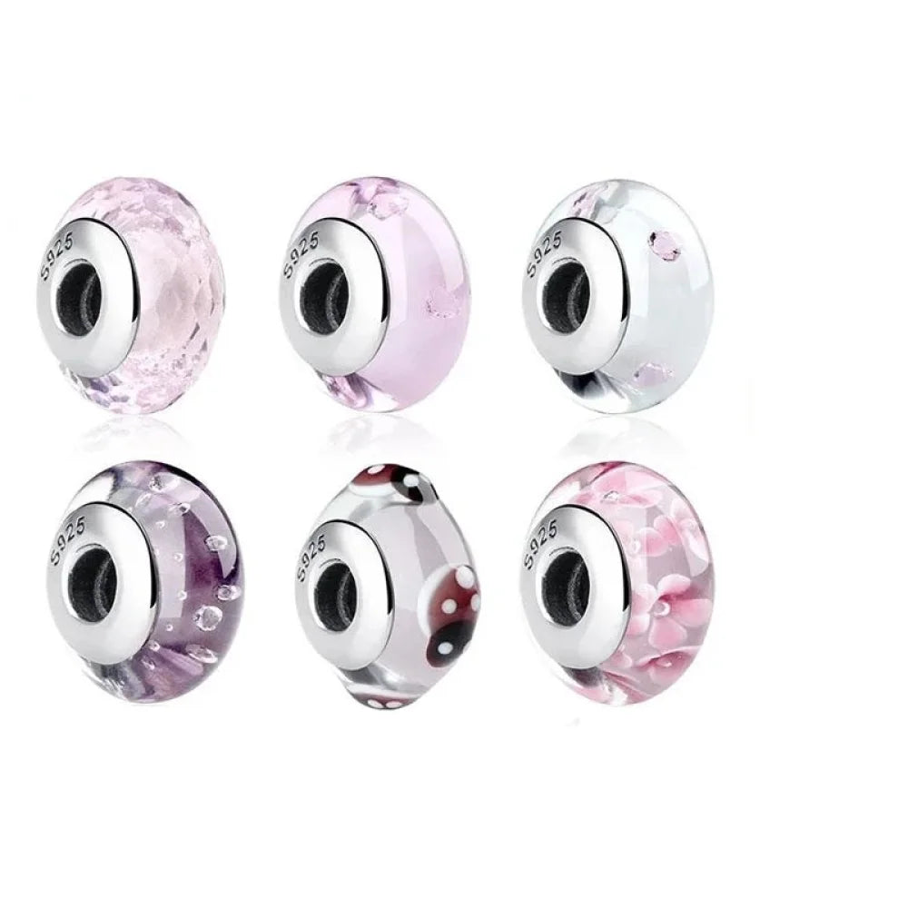 925 Sterling Silver Pink Flower Murano Glass Beads - DIY Bracelet Charms for a Festive Touch (SCZ001) - Bead