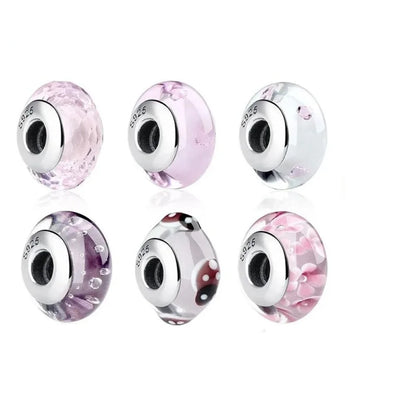 925 Sterling Silver Pink Flower Murano Glass Beads - DIY Bracelet Charms for a Festive Touch (SCZ001) - Bead