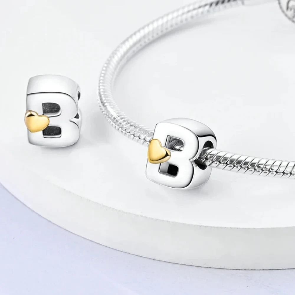 Personalize Your Bracelet: 925 Silver Alphabet Bead with Gold Heart - Charms