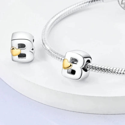 Personalize Your Bracelet: 925 Silver Alphabet Bead with Gold Heart - Charms