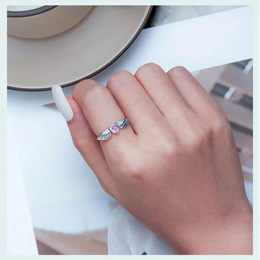 925 Sterling Silver Pink Heart Zircon Ring for Women - Love & Wing - Rings