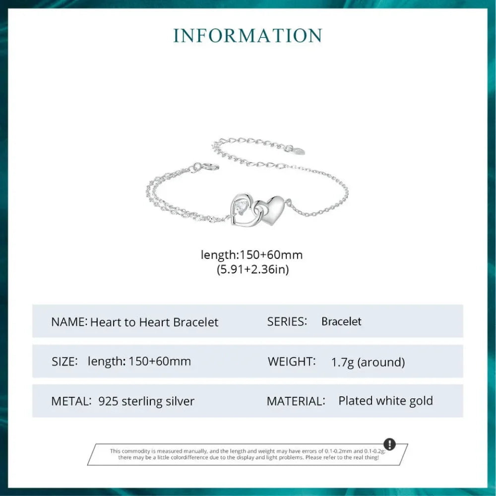 Double Hearts Of Love Sterling Silver Bracelet With Adjustable Chain Bracelets