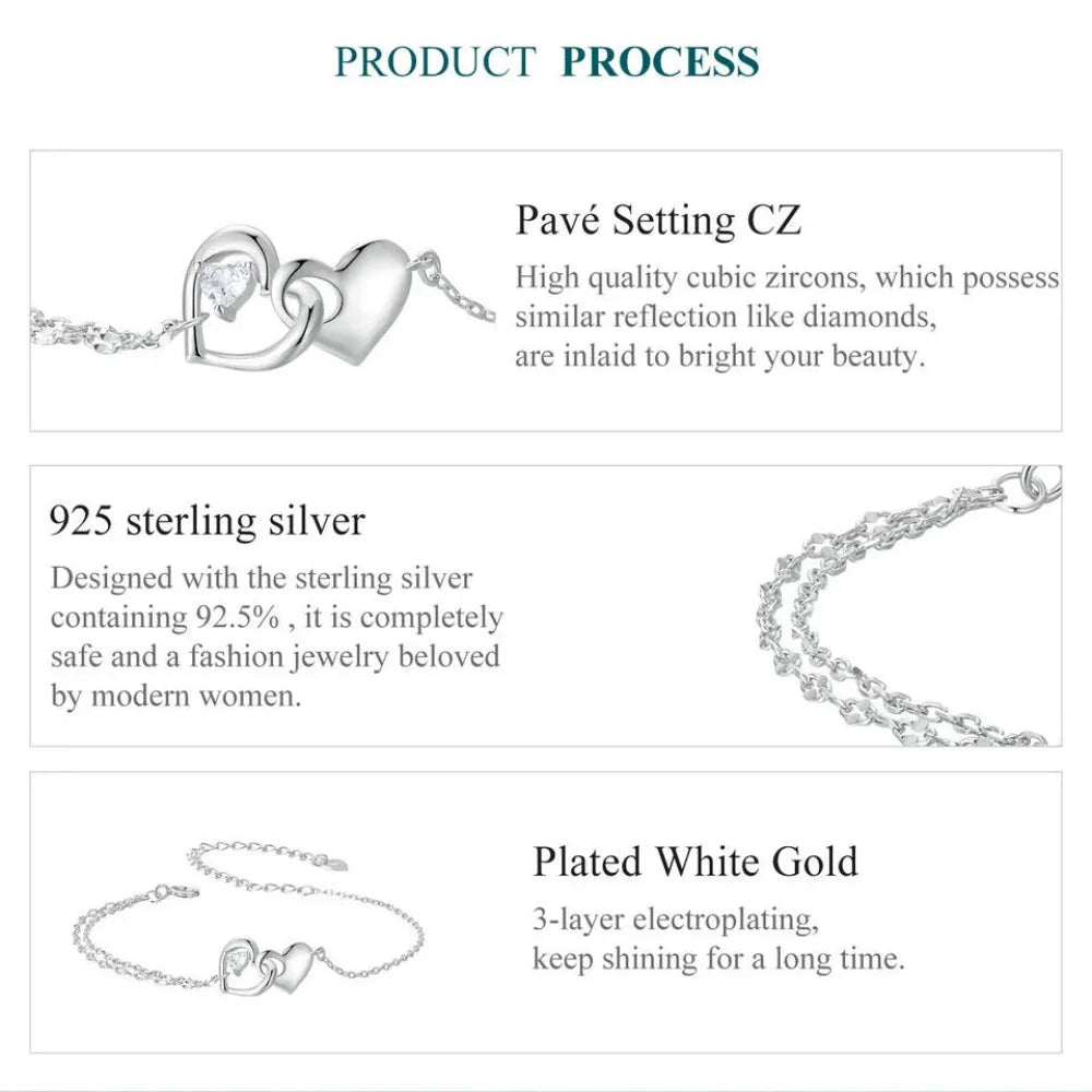 Double Hearts of Love - Sterling Silver Bracelet with Adjustable Chain - Bracelets