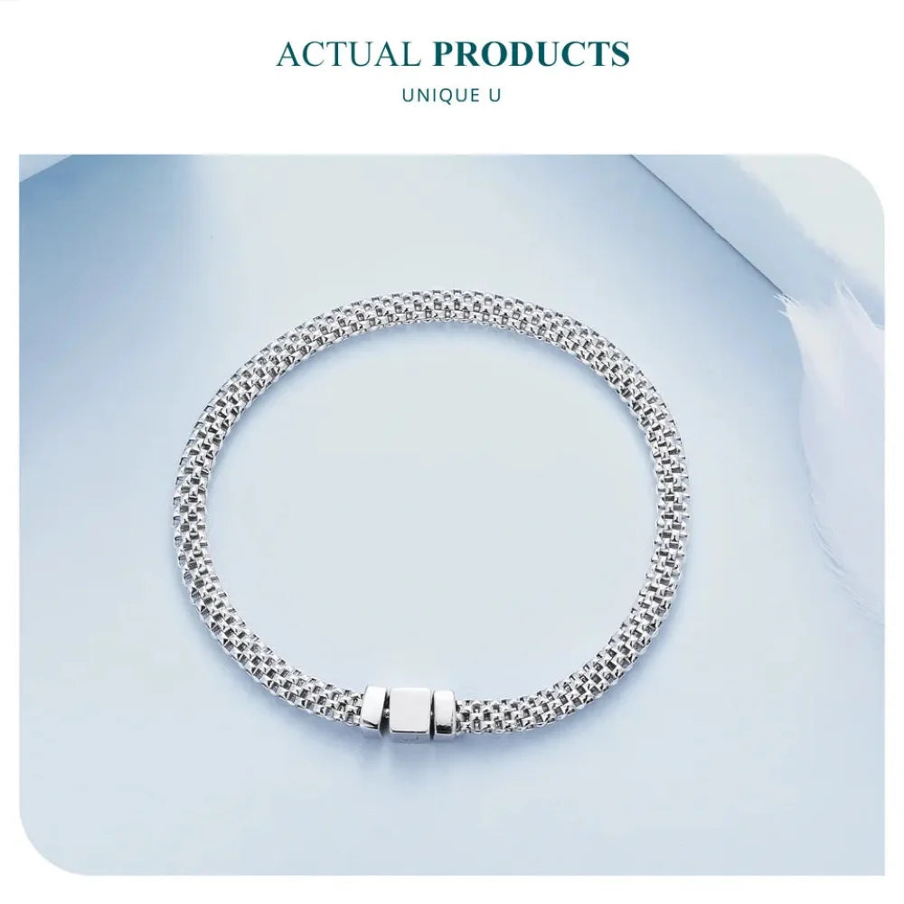 925 Sterling Silver Classic Square Buckle Bracelet Retro Braided Chain Link for Women Platinum Plated Fine jewellery