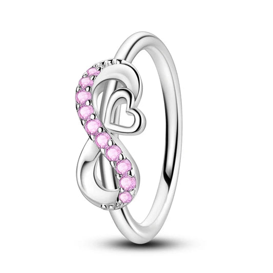 Infinity Love Sterling Silver Ring with Pink Stones - 8 - Rings