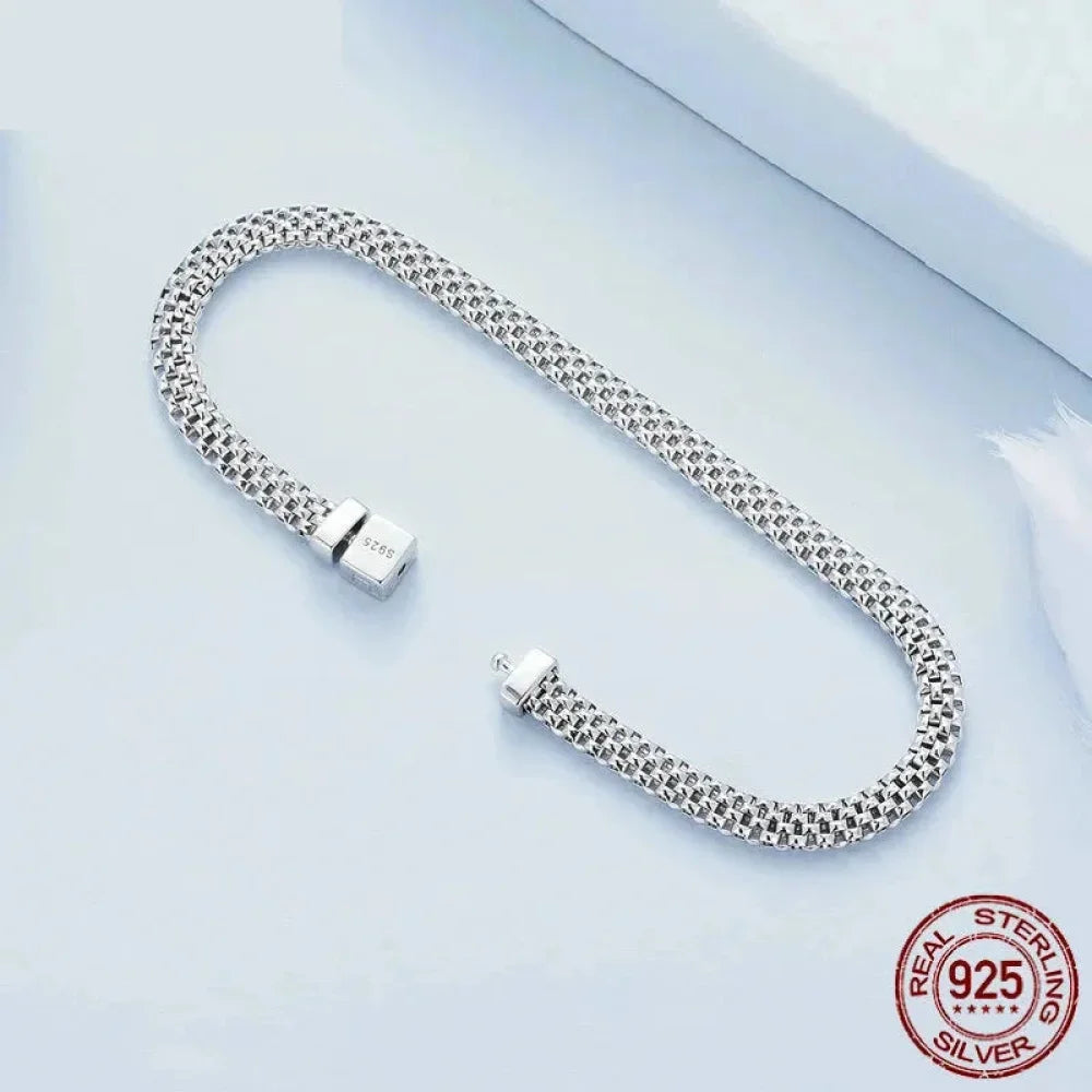 925 Sterling Silver Classic Square Buckle Bracelet Retro Braided Chain Link for Women Platinum Plated Fine jewellery
