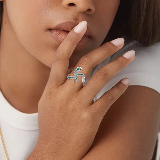 Uncoil Enchantment: Green Snake Ring with Shimmering Zirconia - Rings