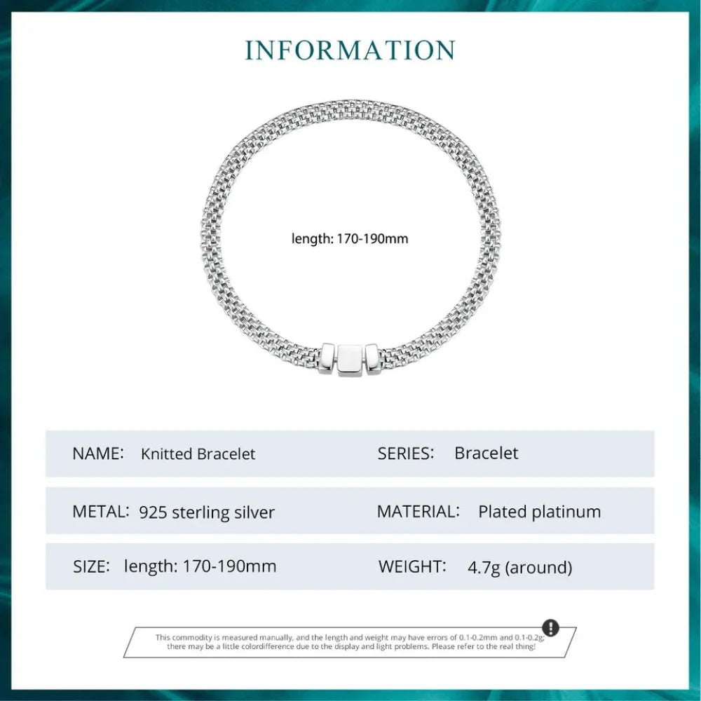 925 Sterling Silver Classic Square Buckle Bracelet Retro Braided Chain Link for Women Platinum Plated Fine jewellery