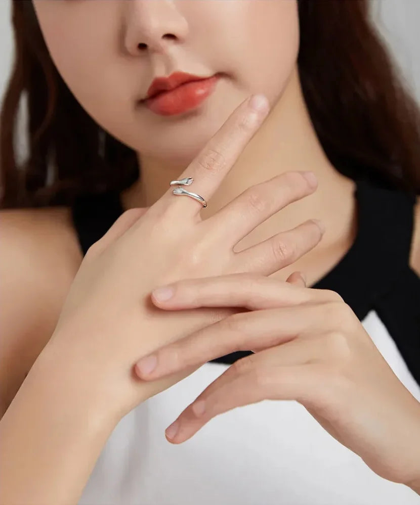 925 Sterling Silver Hug Warmth and Love Hand Adjustable Ring for Women - His Big Loving Hugs in 3 Colors - Rings