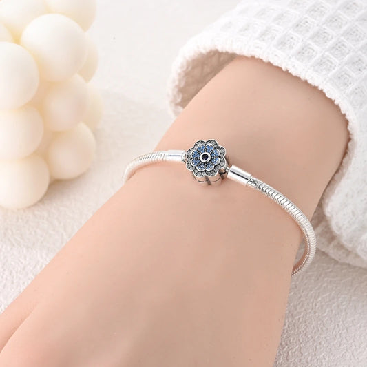 Radiant Blue Flower Clasp Sterling Silver Bracelet - Charm Bracelets