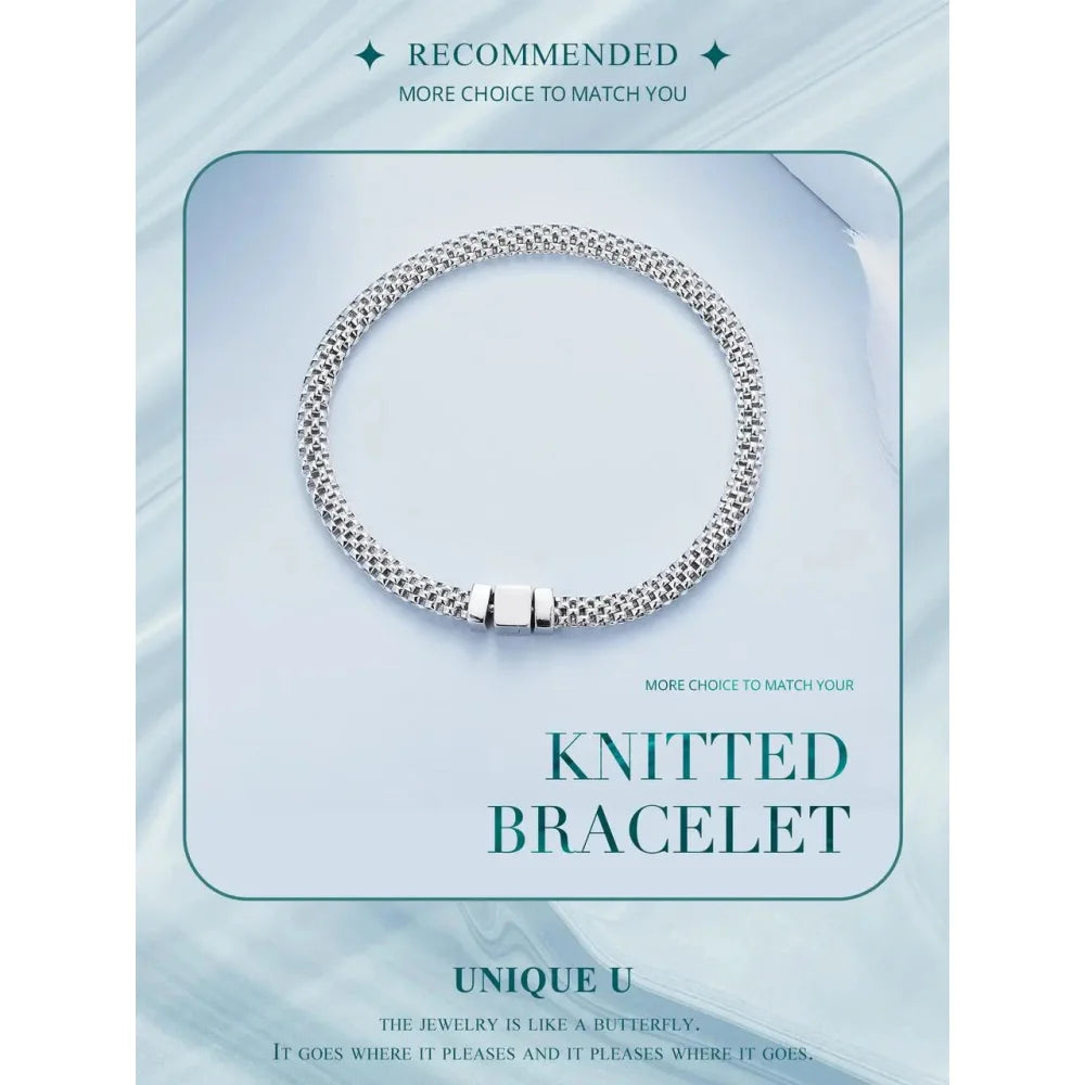 925 Sterling Silver Classic Square Buckle Bracelet Retro Braided Chain Link for Women Platinum Plated Fine jewellery