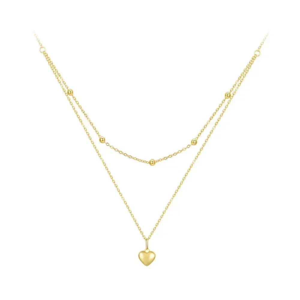925 Sterling Silver Heart Pendant Necklace - Elegant Double Layer Choker for Women - BSN168 - Gold - Necklaces