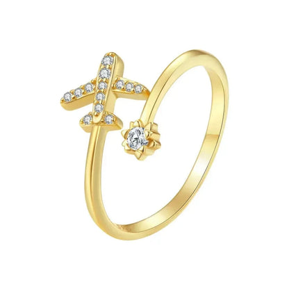 Genuine 925 Sterling Silver Flying Plane Open Adjustable Ring with Clear CZ - Fine jewellery - Gold - Rings
