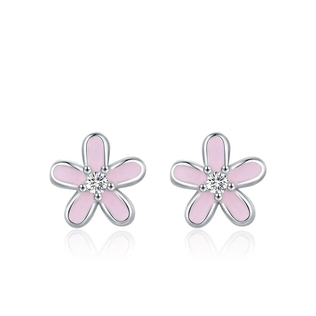 925 Sterling Silver Colorful Enamel Flower Stud Earrings Minimalist & Cute Pink