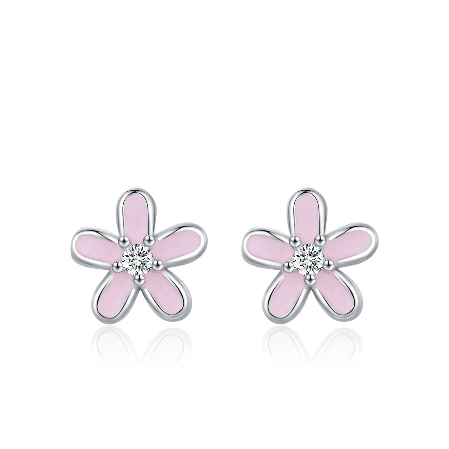 925 Sterling Silver Colorful Enamel Flower Stud Earrings - Minimalist & Cute - Pink