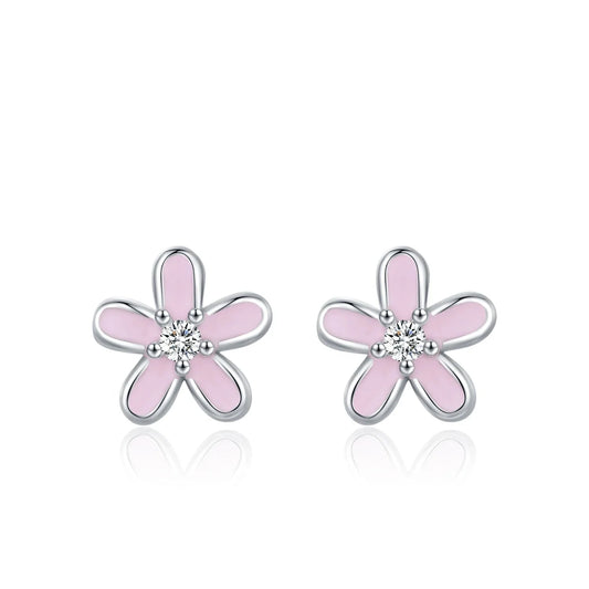 925 Sterling Silver Colorful Enamel Flower Stud Earrings - Minimalist & Cute - Pink