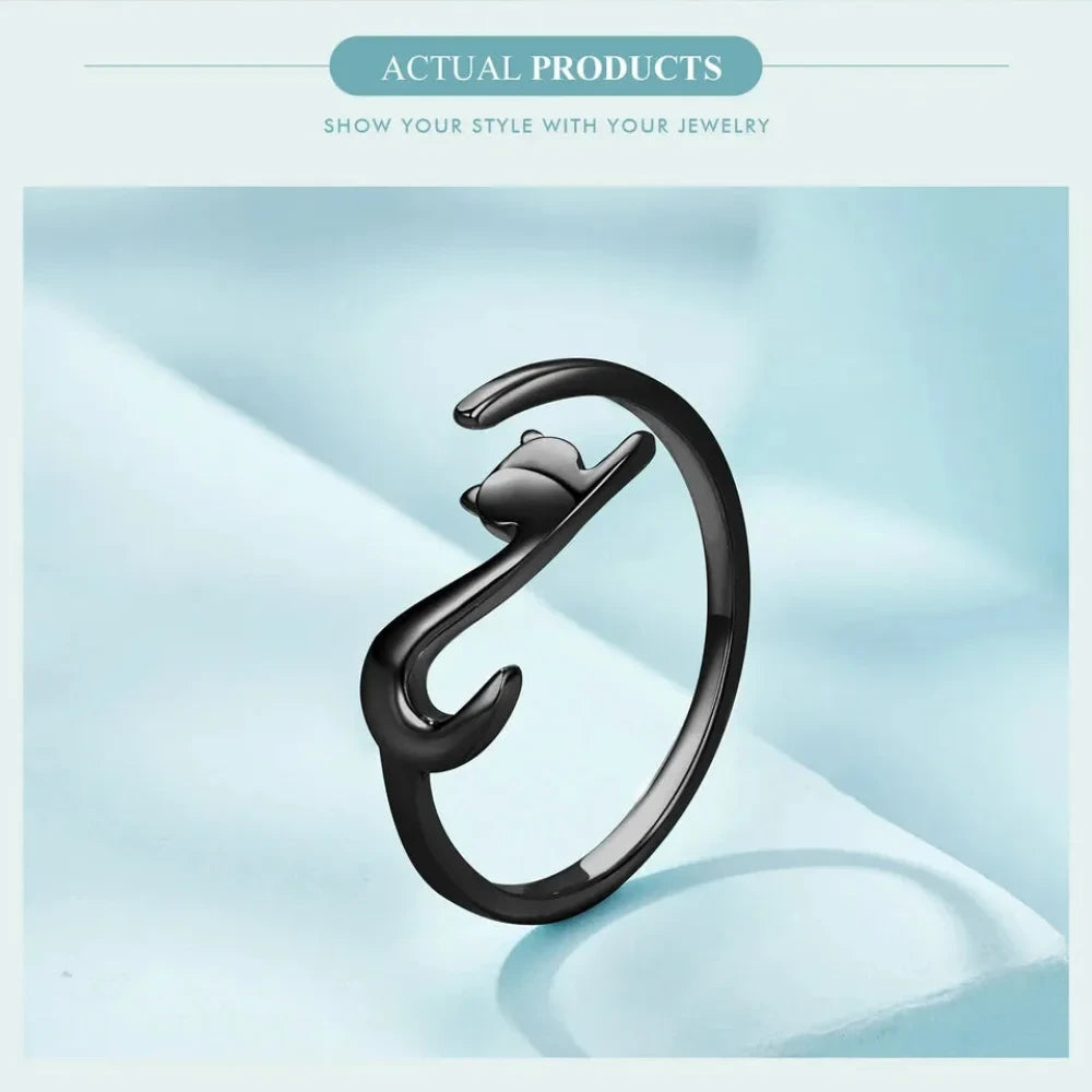 Playful Feline: Adjustable Sterling Silver Cat Ring with Long Tail - Rings