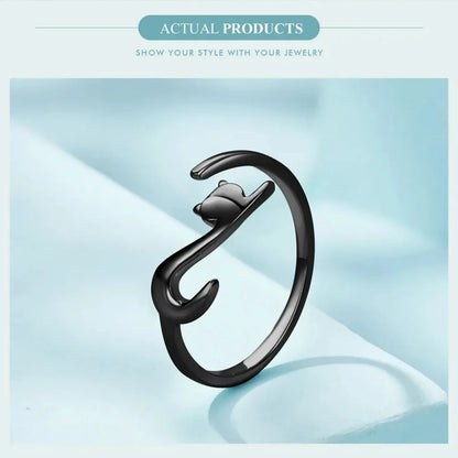 Playful Feline: Adjustable Sterling Silver Cat Ring with Long Tail - Rings