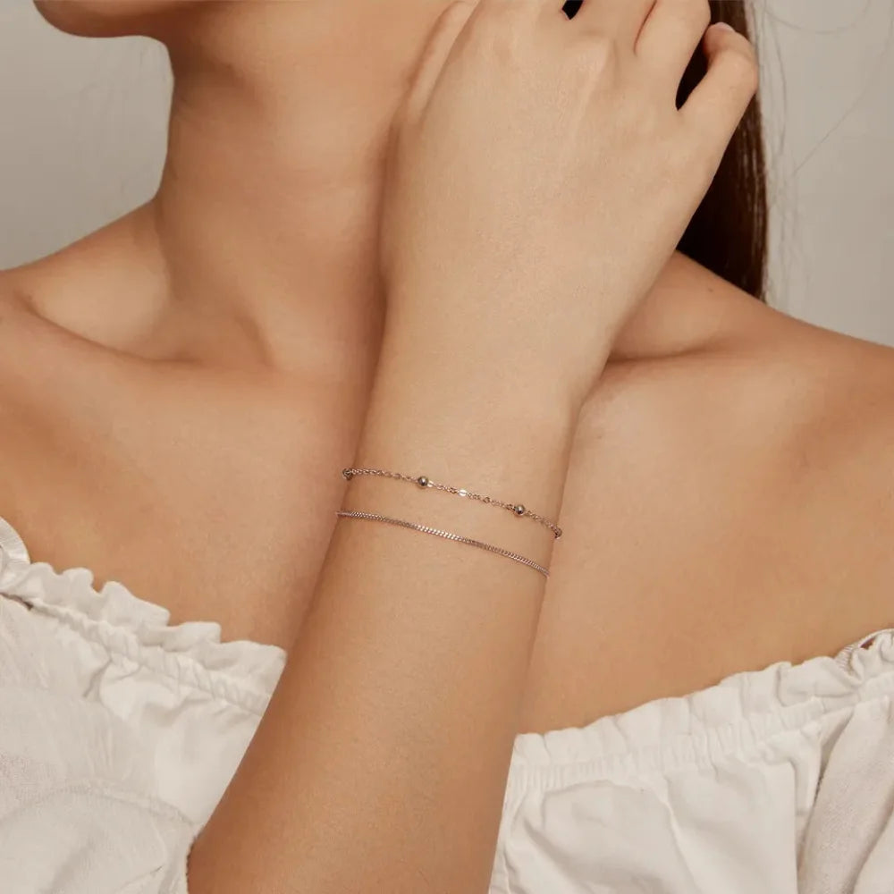 Double-Layered Round Beads 925 Sterling Silver Chain Bracelet with 14K Gold Plating - Bracelets