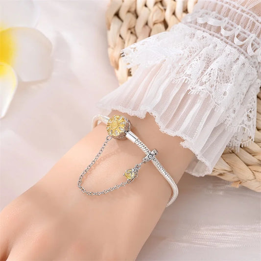 Radiant Daisy Sterling Silver Charm Bracelet With Dangling Chain - Bracelets