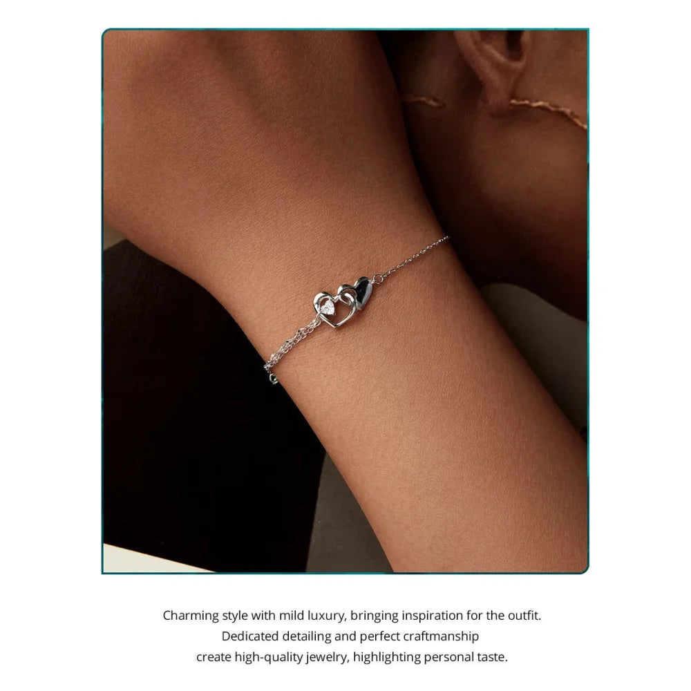 Double Hearts of Love - Sterling Silver Bracelet with Adjustable Chain - Bracelets